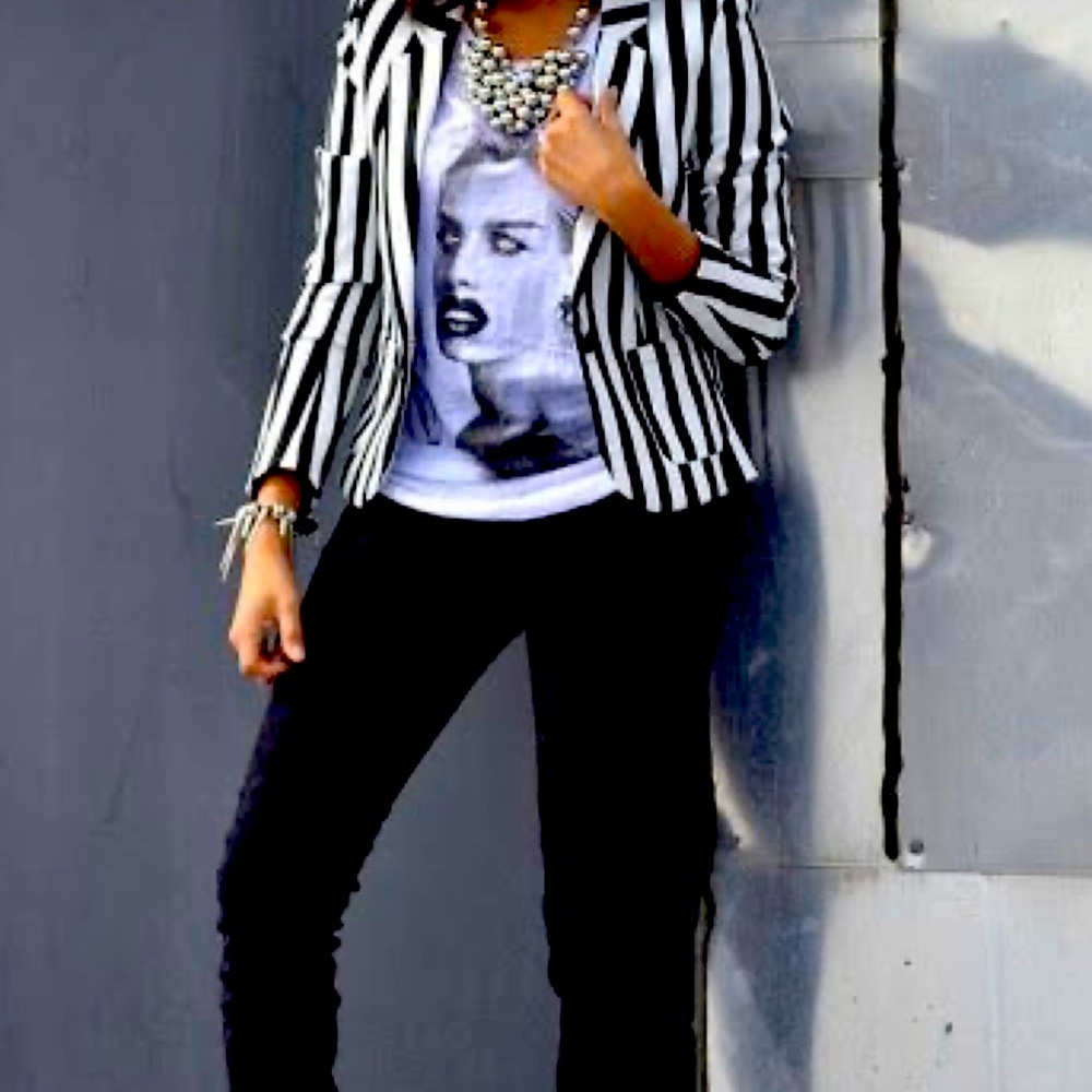 Striped Black & White Blazer - Women's Tailored Suit Jacket